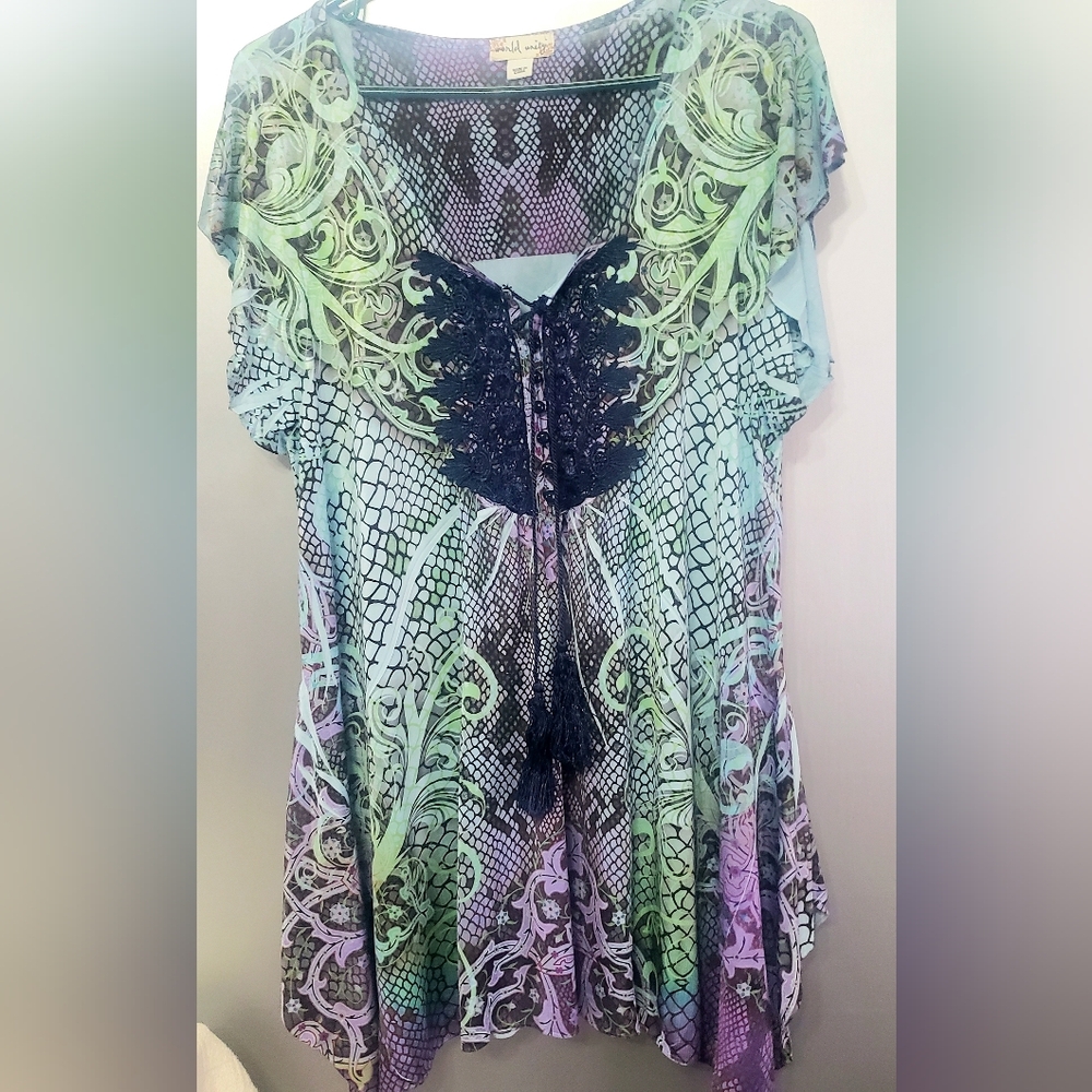 WOMANS WORLD UNITY COLORFUL TUNIC/ DRESS V-NECK. TASSELS. SIZE L